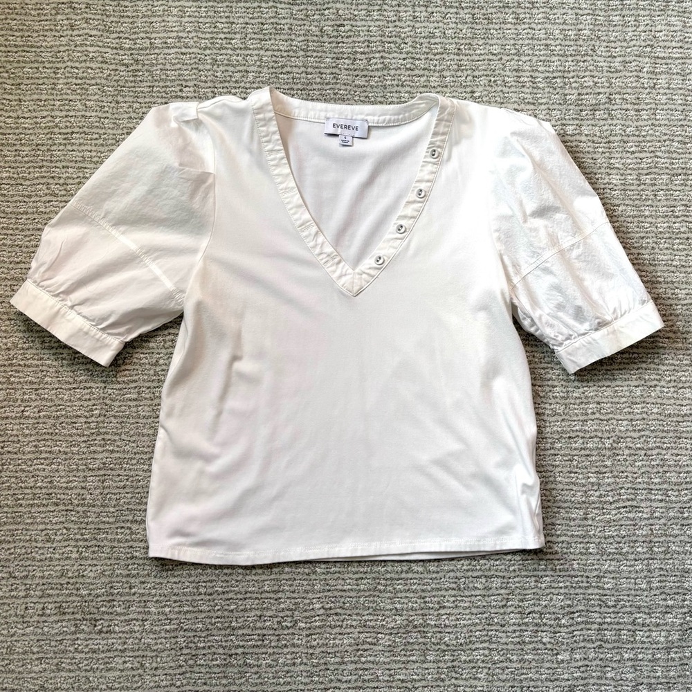 Evereve White Puff Sleeve V-neck Blouse, size S
